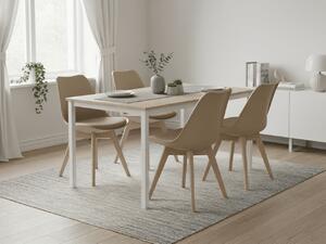Jedilni set 1 + 4, bela miza TESSA 120x60 cm dekor hrast + bež stol BALI MARK z bukovimi nogami