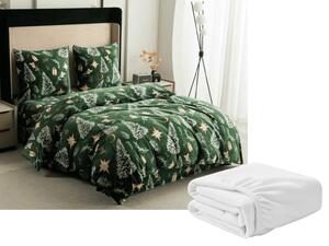 Set posteljnine mikropliš GREEN CHRISTMAS zelena + rjuha mikropliš SOFT 90x200 cm bela, enojna postelja