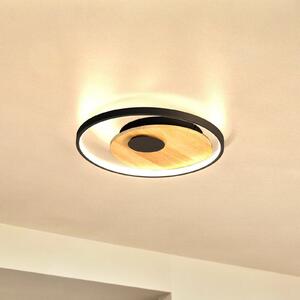 FISCHER & HONSEL LED stropna svetilka Marit, Ø 40 cm, pesek črna, kovina/les, zatemnjen, Črna, Dnevna soba / jedilnica, Kovina, Sodobni