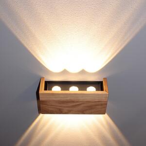 FISCHER & HONSEL LED stenska svetilka Shine-Wood, širina 21 cm, hrast/črna, les, Les, Dnevna soba / jedilnica, Les
