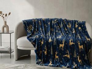 Temno modra božična mikroplišasta odeja GOLDEN DEER Dimenzije: 150 x 200 cm