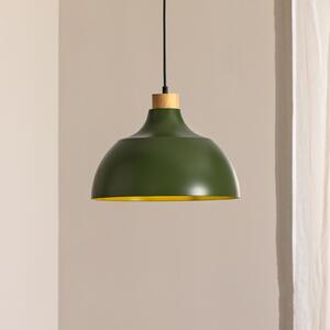Envostar viseča svetilka Kaitt, temno zelena, Ø 34 cm, leseni detajl, zatemnjen, Zelena, Dnevna soba / jedilnica, Kovina, Skandinavski