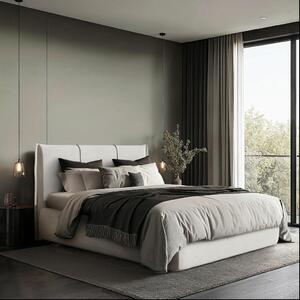 OBLAZINJENA POSTELJA 140 cm x 200 cm , les, tekstil, leseni material krem barve