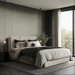 OBLAZINJENA POSTELJA 180 cm x 200 cm , les, tekstil, leseni material naravne barve