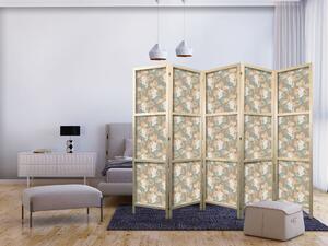 Japanski paravan - Little Bouquets - Exotic Flowers and Leaves on a Gray-Green Background