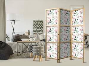 Japanski paravan - Peonies - Pink and White Flowers and Green Leaves on a White Background