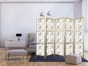 Japanski paravan - Peonies - Pink and White Flowers and Green Leaves on a White Background