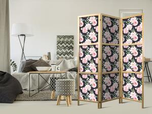 Japanski paravan - Peonies - Pink Flowers and Green Leaves on a Graphite Background