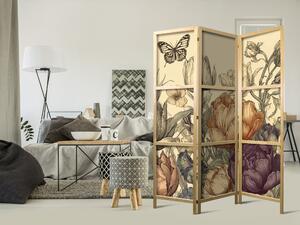 Japanski paravan - Tulips in Cream - Illustration of Flowers and Butterflies on a Light Background