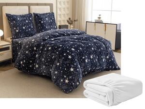 Set posteljnine mikropliš STARLIGHT temno modra + rjuha mikropliš SOFT 90x200 cm bela, enojna postelja