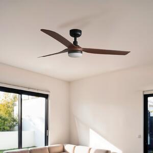 FARO BARCELONA LED stropni ventilator Punt M, črn/les, DC, tih, 130 cm, zatemnjen, Črna, Dnevna soba / jedilnica, Kovina, Sodobni