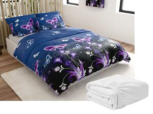 Komplet posteljnine mikropliš VIOLET BUTTERFLY temno modra + rjuha mikropliš SOFT 180x200 cm bela, zakonska postelja