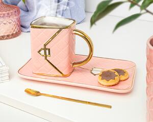 Skodelica z žličko in krožničkom v obliki torbice – Pink komplet