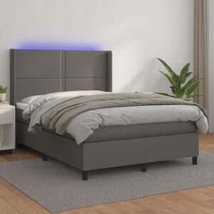 VidaXL Box spring postelja z vzmetnico LED siva 140x190cm umetno usnje