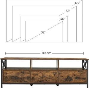 TV stojalo s 3 predali in policami za shranjevanje, 147 x 50 x 40 cm, rustikalno | VASAGLE