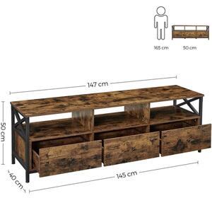 TV stojalo s 3 predali in policami za shranjevanje, 147 x 50 x 40 cm, rustikalno | VASAGLE
