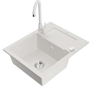 Mexen Enzo granitno pomivalno korito z 1 prekatom, odcejalnikom in kuhinjsko pipo Telma, belo - 6506-20-670200-20