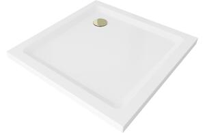 Mexen Flat kvadratni tuš kad Slim 80 x 80 cm, bela, zlati sifon - 40108080G