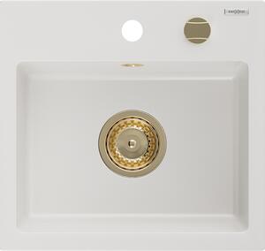 Mexen Milo granitno pomivalno korito z eno posodo 435 x 410 mm, belo, zlat odtok - 6505441000-20-G