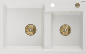 Mexen Tomas granitno pomivalno korito, 2-prekatno, 800 x 500 mm, belo, zlati sifon - 6516802000-20-G