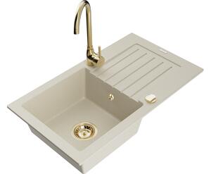 Mexen Pablo granitno pomivalno korito z eno posodo in odcejalnikom ter kuhinjsko armaturo Telma, bež - 6510-69-670200-50