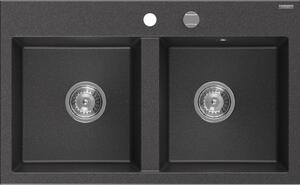 Mexen Hektor granitno pomivalno korito z dvema predeloma 800 x 480 mm, črno s pegami, kromiran sifon - 6521802000-76