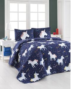 Komplet prešite postelje in 2 prevleki za vzglavnik Eponj Home Magic Unicorn Dark Blue, 200 x 220 cm