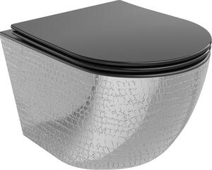 Mexen Lena wc školjka Rimless z deskou s počasnim padcem slim, duroplast, črna mat/srebrna vzorec luske - 30224072