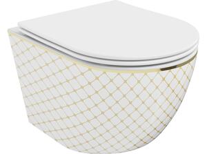 Mexen Lena wc školjka Rimless s počasi zapirajočim slim sedežem, duroplast, bela/zlata vzorec karirast - 30224009