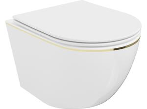 Mexen Lena wc školjka Rimless z desko z mehkim zapiranjem slim, duroplast, bela/zlata črta - 30224005