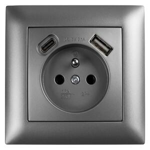 Enojna vtičnica z ozemljitvijo + USB-A USB-C OSTE JNH004-G Grey