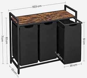 Koš za perilo s polico BERGEN, 3×38 l, črna/rjava SongmicsHome