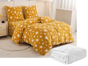 Set posteljnina mikropliš STARS rumeno-oranžna + rjuha mikropliš SOFT 180x200 cm bela, za francosko posteljo