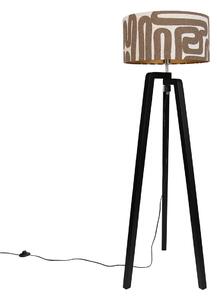 Stoječa svetilka črna tripod z rjavim in bež črtastim senčilom 50cm - Puros