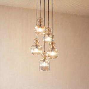 TK Lighting Visoka svetilka Sophia, 5-žarilna, Ø 37 cm, konjak/črna, E14, zatemnjen, Siva, Dnevna soba / jedilnica, Steklo, Sodobni