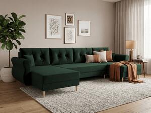 Temno zelena raztegljiva sedežna garnitura v obliki U SILVIANO, 300x140 cm + 2 blazini GRATIS