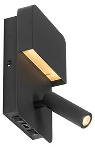 Stenska svetilka črna z LED s priključkom USB in bralno svetilko s stikalom - Robin