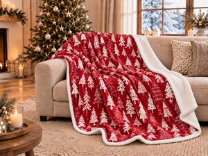 Božična deka z ovčko iz mikropliša CHRISTMAS TREES rdeča Dimenzije: 160 x 200 cm