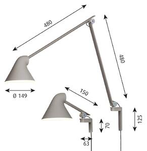 Louis Poulsen NJP LED stenska svetilka, dolga roka, svetlo siva