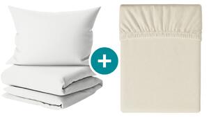 Set krepkega posteljnine DENYX BLEND svetlo kremna, hotelski žepek + rjuha Jersey 90 x 200 cm sivobežna, enojna postelja