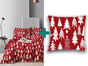 Komplet posteljnine iz mikrovlaken + okrasna prevleka za vzglavnik 40x40 cm CHRISTMAS TREES rdeča