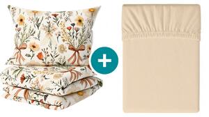 Set krep posteljnine FLORAL RIBBON POLY pisano + Jersey rjuha 180 x 200 cm svetlo bež, zakonska postelja