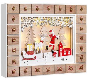 Leseni adventni koledar SANTA CLAUS z osvetlitvijo, 35x6x27cm, bela/rjava Spielwerk