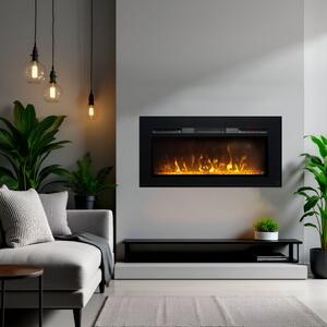 Moderni električni kamin, ElectricSun Paula GLASS XS, črn, vgradna, stenska ali talna montaža, z ogrevanjem, 10-barvnim plamenom, z zvokom, WiFi aplik