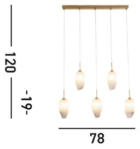 Obesna svetilka Rocky, 5-svetlobna, dolga, medeninaste barve, jeklo, steklo