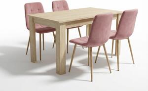 Jedilni set 1 + 4, miza UMEKO 120x80 cm hrast sonoma + rožnati žametni stol KARA