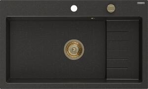 Mexen Omar granitno korito z eno posodo 800 x 480 mm, črna/zlata kovinska, sifon zlati - 6520801005-75-G