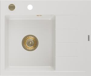 Mexen Ben granitno pomivalno korito z 1 prekatom in odcejalnikom, levo, 600 x 500 mm, belo, zlat sifon - 6522605000-20-G
