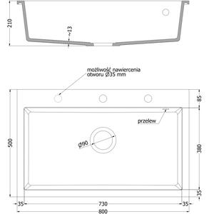 Mexen Elix granitno korito za pomivalno korito 1-komorno 800 x 500 mm, belo, kromiran sifon - 6527801005-20