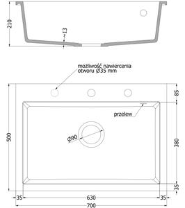 Mexen Elix granitno pomivalno korito z 1-prekatom, 700 x 500 mm, črno pikčasto, kromiran sifon - 6526701005-76